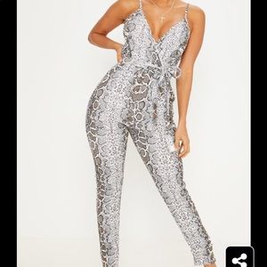 White Snake Print Strappy Plunge Jumpsuit